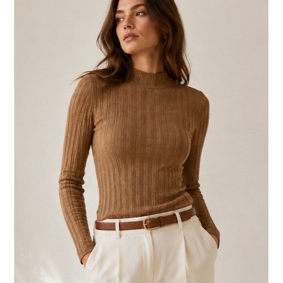 Madewell Sweaters - Madewell Ribbed Alpaca Blend Mock Neck Sweater Camel Brown Stretch Size S